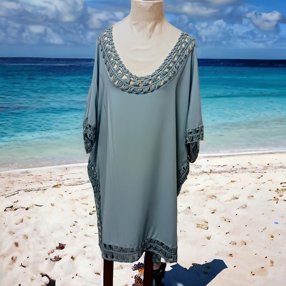 BEACH Dress COVERUP Sz L Teal Aqua Blue Topper Boho Crochet Pool Travel Vacation